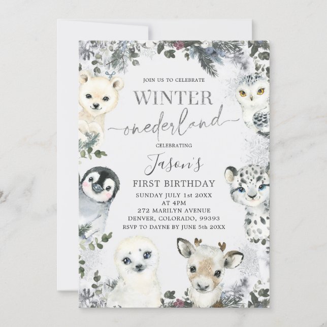 Arctic Animal Winter Onederland First Birthday Invitation (Front)