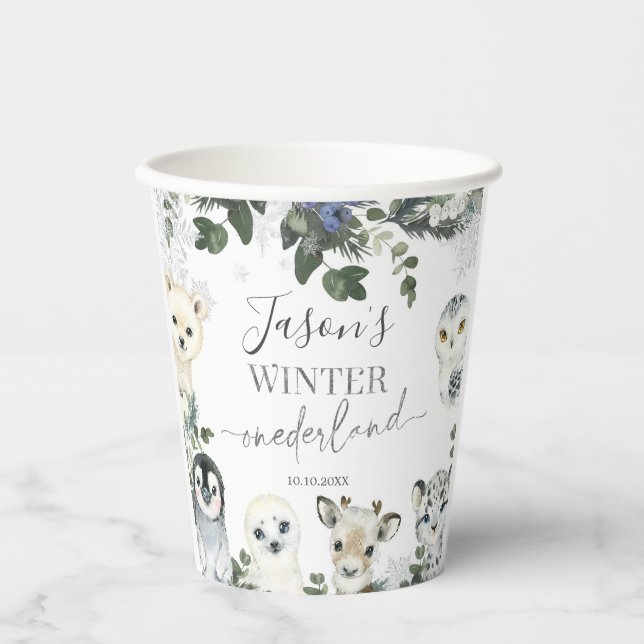Arctic Animal Winter Onederland First Birthday Paper Cups (Front)