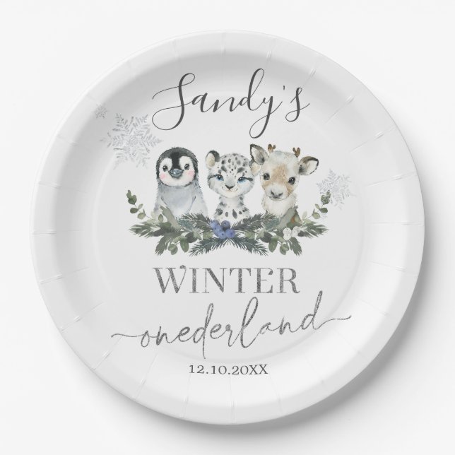 Arctic Animal Winter Onederland First Birthday Paper Plates (Front)