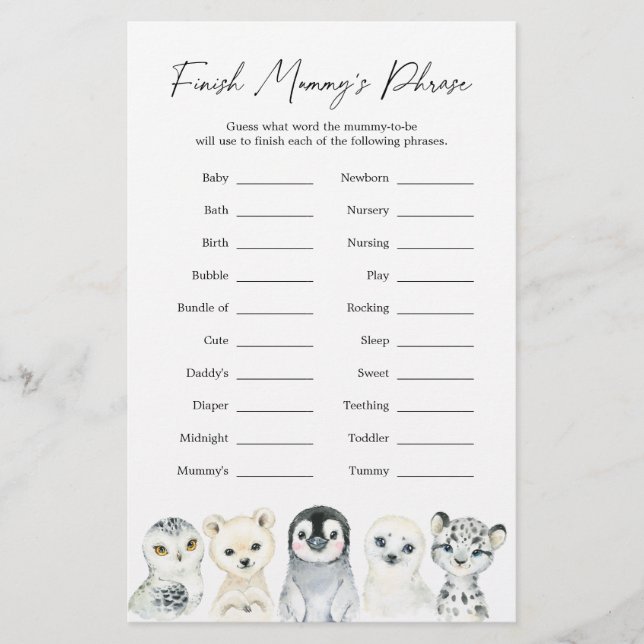 Arctic Animals Baby Shower Finish Mummy's Phrase (Front)