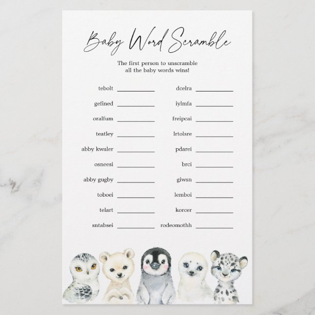 Arctic Animals Baby Shower Word Scramble Game (Front)