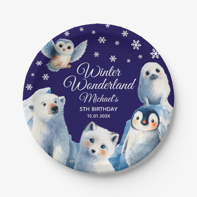 Arctic Animals Blue Winter Kids' Birthday Party Paper Plates (Front)