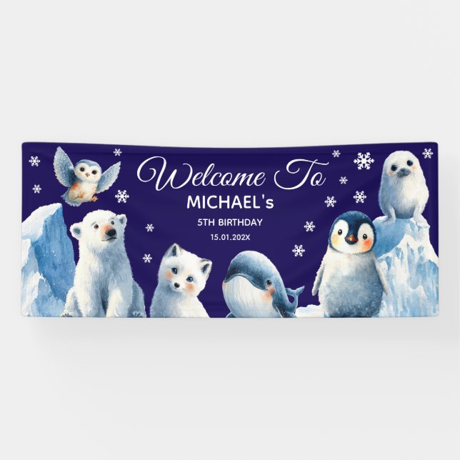 Arctic Animals Blue Winter Kids' Birthday Welcome Banner (Horizontal)