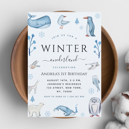 Arctic Animals Blue Winter Onederland 1st Birthday Invitation