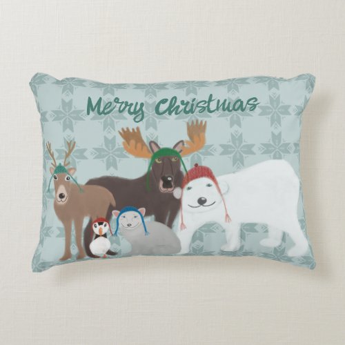 Arctic Animals in Winter Hats Christmas Accent Pillow
