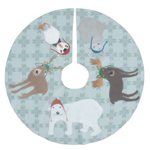 Arctic Animals in Winter Hats Christmas Brushed Polyester Tree Skirt