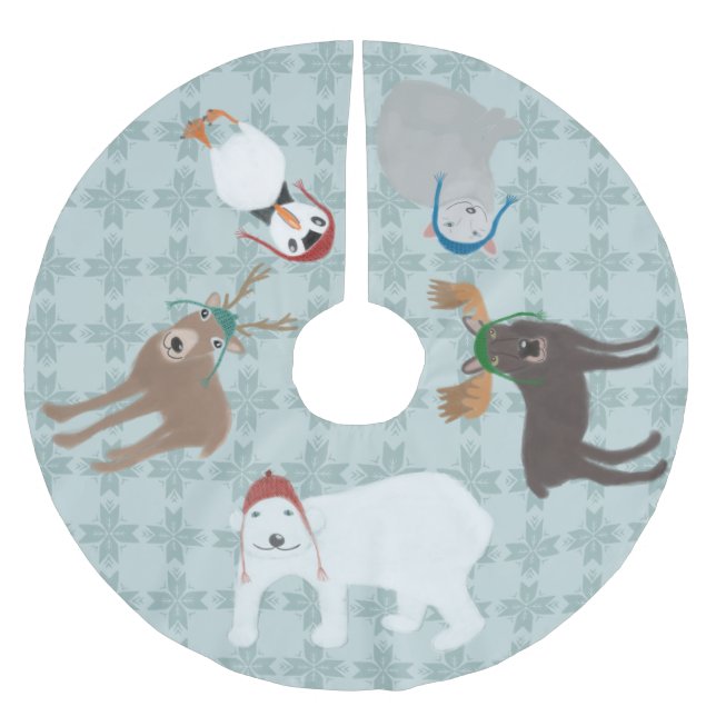 Arctic Animals in Winter Hats Christmas Brushed Polyester Tree Skirt (Front)