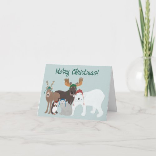 Arctic Animals in Winter Hats Christmas Card
