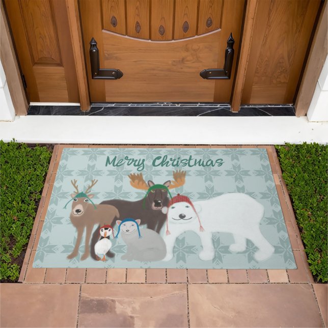 Arctic Animals in Winter Hats Christmas Doormat (Outdoor)