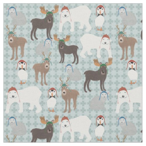 Arctic Animals in Winter Hats Christmas Fabric