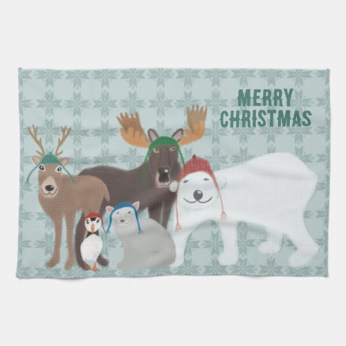 Arctic Animals in Winter Hats Christmas Kitchen Towel