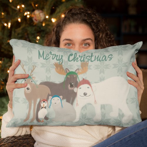 Arctic Animals in Winter Hats Christmas Lumbar Pillow