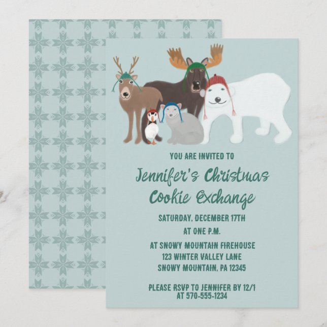 Arctic Animals in Winter Hats Christmas Party Invitation (Front/Back)