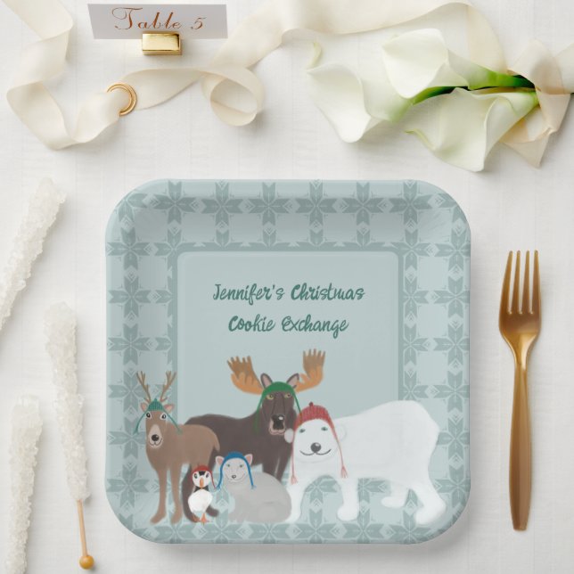 Arctic Animals in Winter Hats Christmas Party Paper Plates (Wedding)