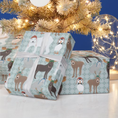 Arctic Animals in Winter Hats Christmas Wrapping Paper