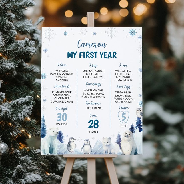 Arctic Animals Winter 1st Birthday Party Milestone Poster (Creator Uploaded)