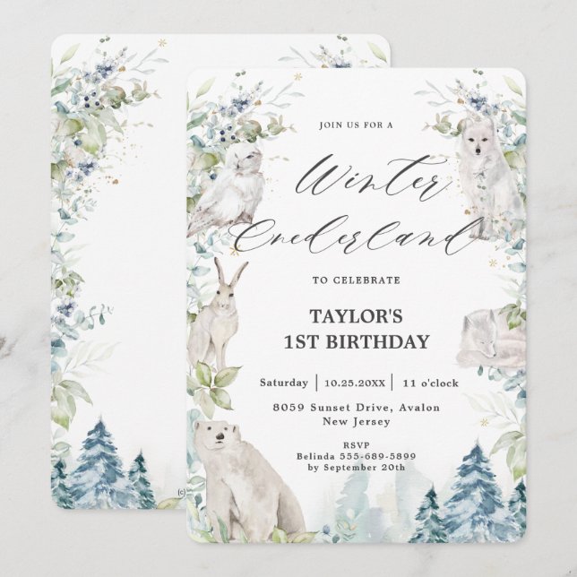 Arctic Animals Winter Onederland 1st Birthday  Invitation (Front/Back)