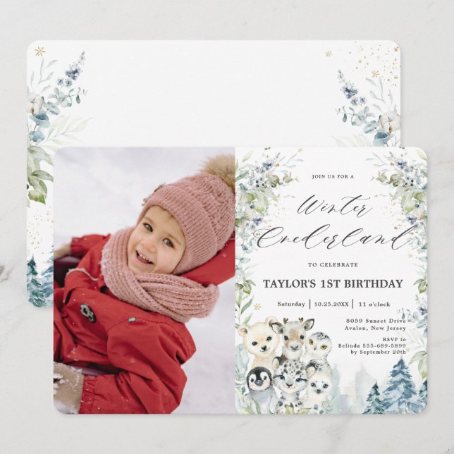 Arctic Animals Winter Onederland Birthday Photo Invitation (Front/Back)