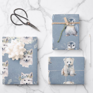 Arctic Animals Winter Snowflake Wrapping Paper Sheets