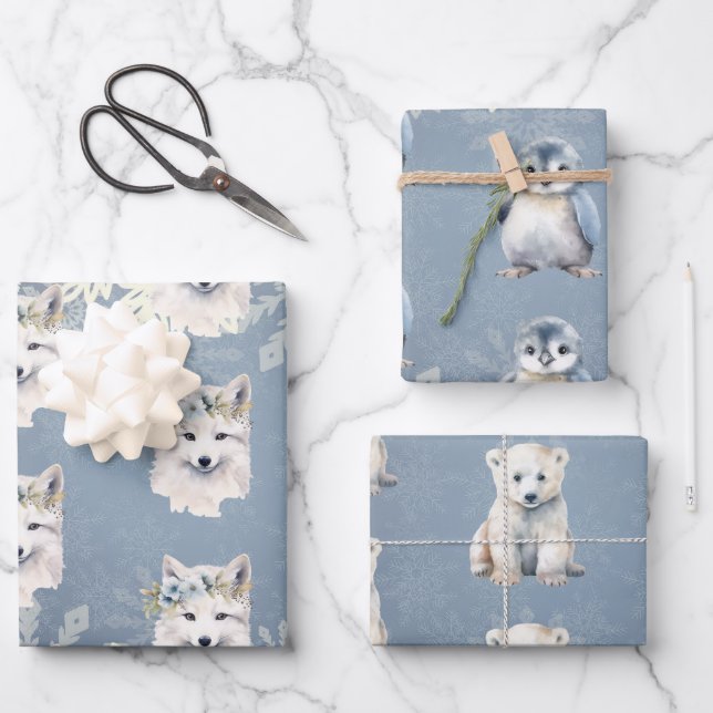 Arctic Animals Winter Snowflake Wrapping Paper Sheets (Front)