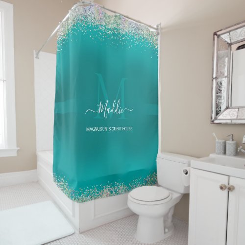 Arctic Aqua glittery glam teal metallic Monogram Shower Curtain