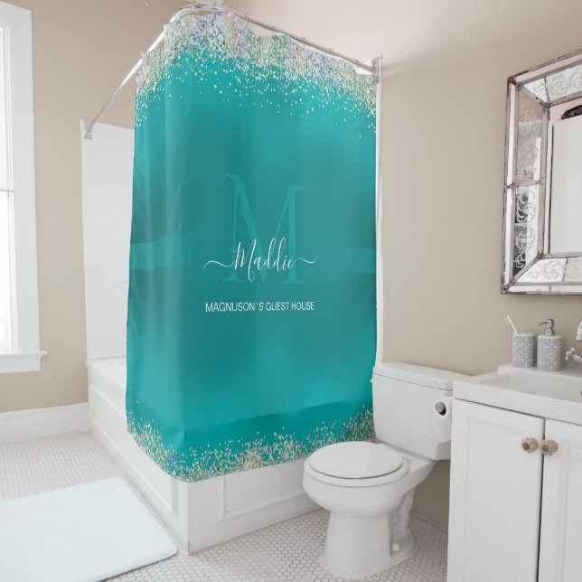Arctic Aqua glittery glam teal metallic Monogram Shower Curtain (In Situ)