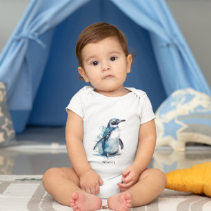 Arctic Azure Watercolor Penguin, custom Baby Bodysuit