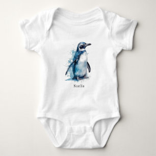 Arctic Azure Watercolor Penguin, custom Baby Bodysuit