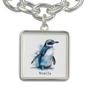 Arctic Azure Watercolor Penguin, custom Bracelet