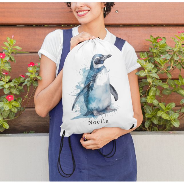 Arctic Azure Watercolor Penguin, custom  Drawstring Bag (Creator Uploaded)