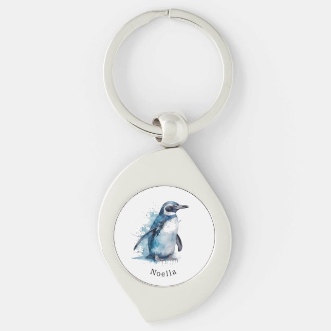 Arctic Azure Watercolor Penguin, custom  Keychain (Front)