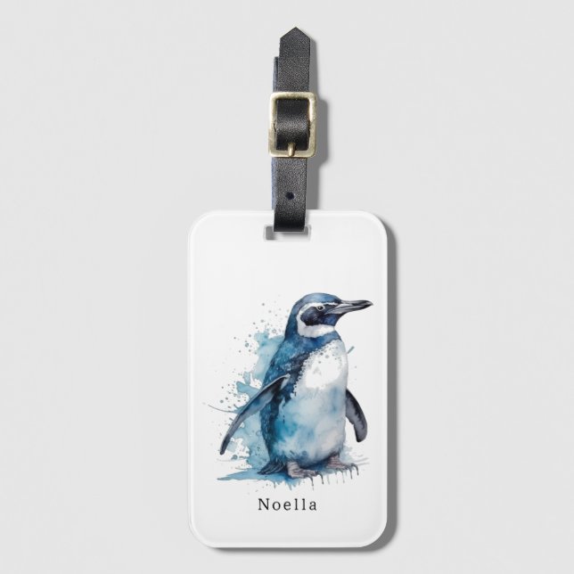 Arctic Azure Watercolor Penguin, custom  Luggage Tag (Front Vertical)