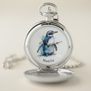 Arctic Azure Watercolor Penguin, custom Pocket Watch