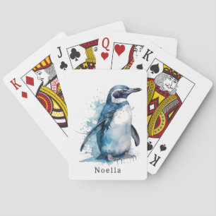 Arctic Azure Watercolor Penguin, custom Poker Cards