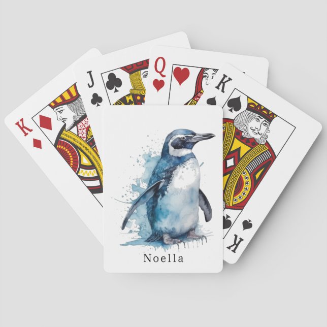 Arctic Azure Watercolor Penguin, custom Poker Cards (Back)