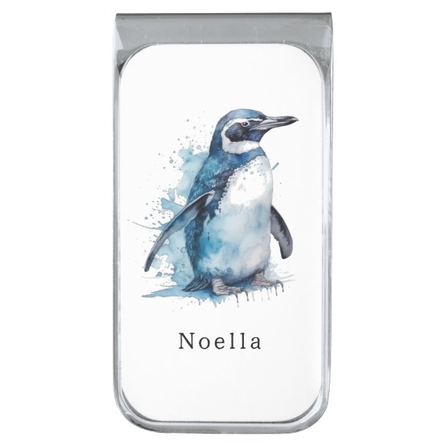  Arctic Azure Watercolor Penguin, custom Silver Finish Money Clip (Front Vertical)