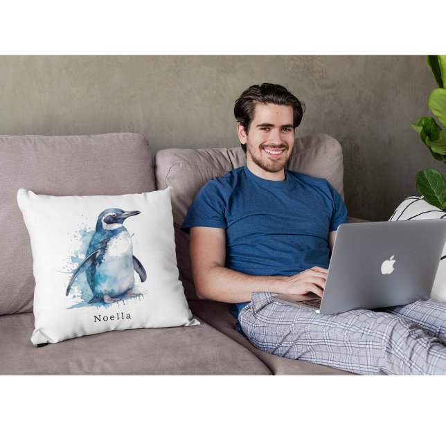 Arctic Azure Watercolor Penguin, custom Throw Pillow (Creator Uploaded)