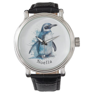 Arctic Azure Watercolor Penguin, custom Watch