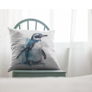 Arctic Azure Watercolor Penguin Throw Pillow