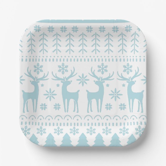 Arctic Blue Folk Art Winter Theme Paper Plates (Front)