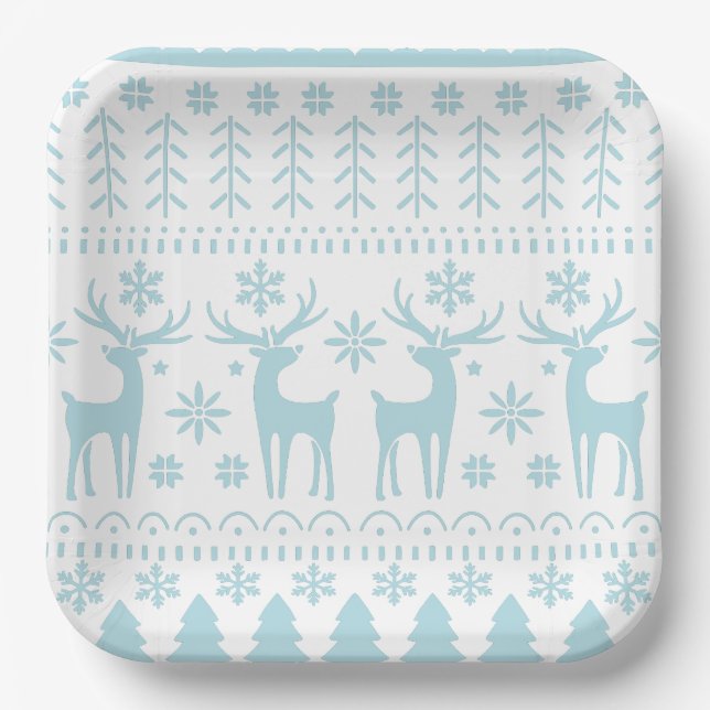 Arctic Blue Folk Art Winter Theme Paper Plates (Front)
