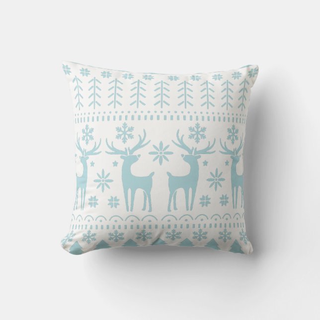 Arctic Blue Folk Art Winter Theme Throw Pillow (Front)