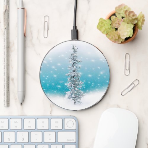 Arctic blue frozen frosty silver sparkle evergreen wireless charger 