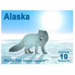 Arctic Fox - Alaska Postage Statuette<br><div class="desc">White on white. A 10-Nugget postage stamp issued by a mythical independent nation of Alaska. Features a digital painting of an Arctic Fox, Vulpes lagopus, on the polar ice. The sun hangs low in the bright blue arctic sky. Do not stare at the sun as it can harm your eyes....</div>