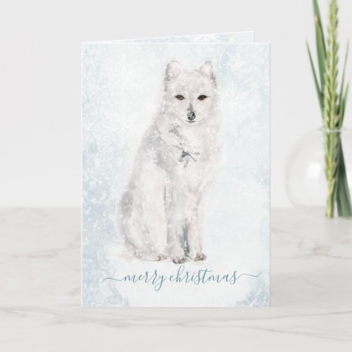 Arctic Fox Blustering Winter Scene Snowflakes Holiday Card