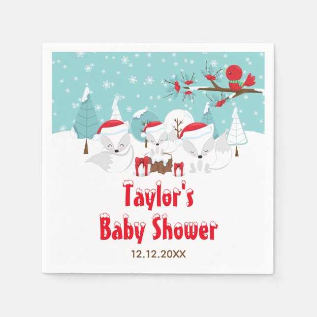 Arctic Fox Christmas Woodland Baby Shower Napkins (Front)