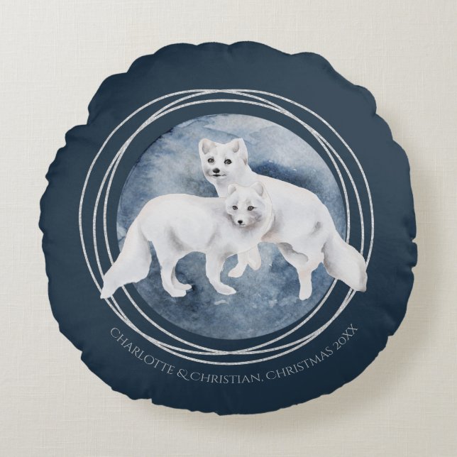 Arctic Fox Couple Winter Christmas Personalized Round Pillow (Front)