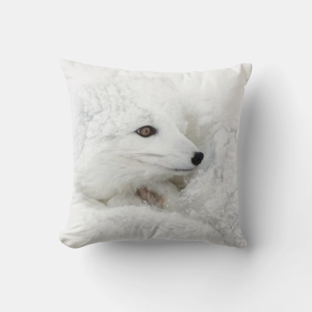 Arctic Fox curled up in winter Throw Pillow (Front)