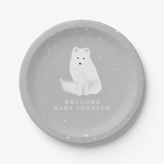 Arctic Fox Gray Winter Baby Shower Paper Plate (Front)