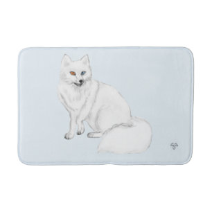 Arctic Fox Hand-Drawn Digital Art on Icy Blue Bath Mat